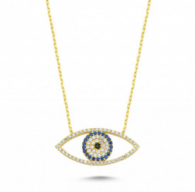 Gold-Plated Evil Eye Necklace with Blue and White Cubic Zirconia