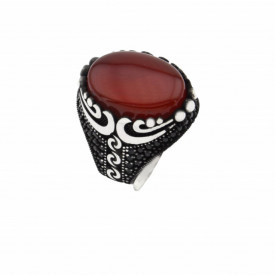 Men's Red Agate Ring - Turkish Sterling Silver with Bold Patterns