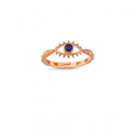 Rose gold evil eye ring with blue stone centerpiece, featuring an adjustable and symbolic design.