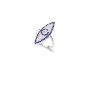 Sterling Silver Evil Eye Marquise Ring with Blue and Clear Stones
