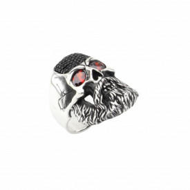 Sterling Silver Skull Men's Ring with Red Gemstone Eyes