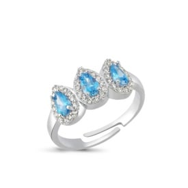 Triple Teardrop Adjustable Ring with Blue and White CZ Stones