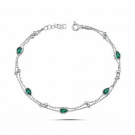 925 Silver Double Chain Green Teardrop Bracelet Minimalist Design