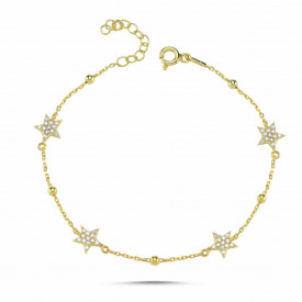 925 Sterling Silver Gold Star Charm Bracelet with CZ Stones