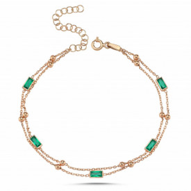 925 Sterling Silver Rose Gold Double Chain Bracelet Green Stones