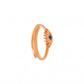 Adjustable evil eye ring in rose gold, silver, and gold-plated sterling silver design.