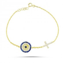 Evil Eye Cross Design Bracelet Gold Plated 925 Sterling Silver