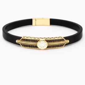 Gold Medallion Center Bar Black Rubber Men’s Bracelet – Turkish Wholesale 925 Sterling Silver Jewelry