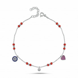 Sterling Silver Anklet with Red Beads and Colorful Charms