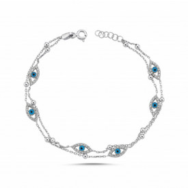 Sterling Silver Evil Eye Bracelet with Double Chain Design
