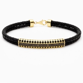 Wholesale 925 Sterling Silver Gold Rectangular Pavé Bar Black Braided Men’s Bracelet – Turkish Jewelry Production