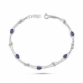 925 Silver Double Chain Blue Teardrop Bracelet Minimalist Design