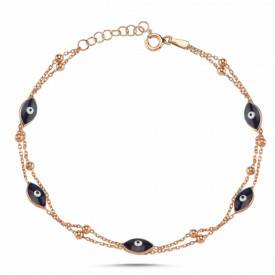925 Sterling Silver Rose Gold Double Chain Evil Eye Bracelet