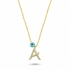 Initial "A" Necklace with Evil Eye Pendant Gold Plated Silver