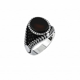 Men's Black Onyx Ring - Intricate Turkish Sterling Silver Design