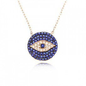 Sterling silver necklace with a round evil eye pendant, featuring blue and white cubic zirconia stones for an elegant and timeless look.