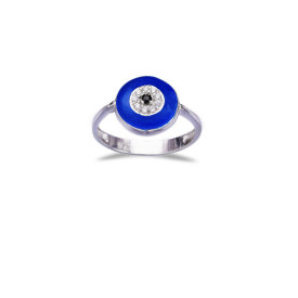 Sterling Silver Blue Evil Eye Ring with Crystal Details