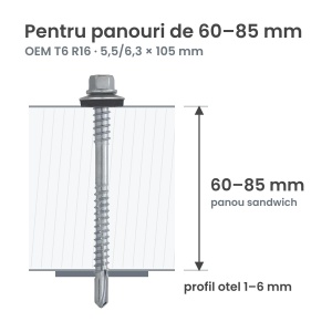 Surub autoforant panouri sandwich 5,5/6,3x105mm, saiba R16, strapungere 6 mm, OEM T6, zincat, 100 buc - Img 2