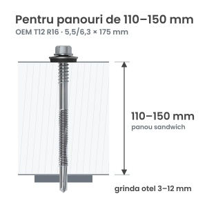 Surub autoforant panouri sandwich 5,5/6,3x175mm, saiba R16, strapungere 12 mm, OEM T12, zincat, 100 buc - Img 2