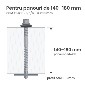 Surub autoforant panouri sandwich 5,5/6,3x200mm, saiba R16, strapungere 6 mm, OEM T6, zincat, 100 buc - Img 2