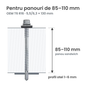 Surub autoforant panouri sandwich 5,5/6,3x130mm, saiba R16, strapungere 6 mm, OEM T6, zincat, 100 buc - Img 2