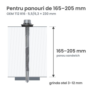 Surub autoforant panouri sandwich 5,5/6,3x230mm, saiba R16, strapungere 12 mm, OEM T12, zincat, 100 buc - Img 2