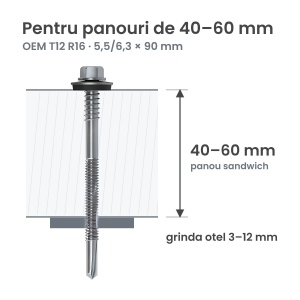 Surub autoforant panouri sandwich 5,5/6,3x90mm, saiba R16, strapungere 12 mm, OEM T12, zincat, 100 buc - Img 2