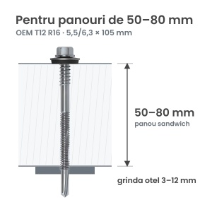 Surub autoforant panouri sandwich 5,5/6,3x105mm, saiba R16, strapungere 12 mm, OEM T12, zincat, 100 buc - Img 2