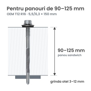 Surub autoforant panouri sandwich 5,5/6,3x150mm, saiba R16, strapungere 12 mm, OEM T12, zincat, 100 buc - Img 2