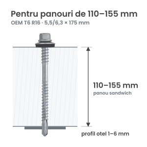 Surub autoforant panouri sandwich 5,5/6,3x175mm, saiba R16, strapungere 6 mm, OEM T6, zincat, 100 buc - Img 2