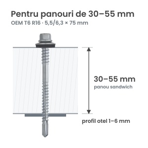 Surub autoforant panouri sandwich 5,5/6,3x75mm, saiba R16, strapungere 6 mm, OEM T6, zincat, 100 buc - Img 2