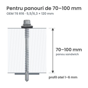 Surub autoforant panouri sandwich 5,5/6,3x120mm, saiba R16, strapungere 6 mm, OEM T6, zincat, 100 buc - Img 2