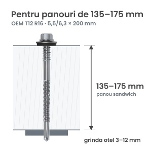 Surub autoforant panouri sandwich 5,5/6,3x200mm, saiba R16, strapungere 12 mm, OEM T12, zincat, 100 buc - Img 2
