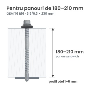 Surub autoforant panouri sandwich 5,5/6,3x230mm, saiba R16, strapungere 6 mm, OEM T6, zincat, 100 buc - Img 2