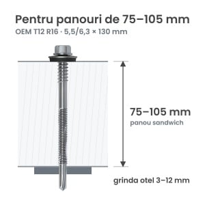 Surub autoforant panouri sandwich 5,5/6,3x130mm, saiba R16, strapungere 12 mm, OEM T12, zincat, 100 buc - Img 2