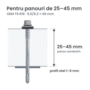 Surub autoforant panouri sandwich 5,5/6,3x66mm, saiba R16, strapungere 6 mm, OEM T6, zincat, 100 buc - Img 2