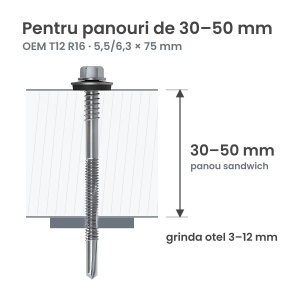 Surub autoforant panouri sandwich 5,5/6,3x75mm, saiba R16, strapungere 12 mm, OEM T12, zincat, 100 buc - Img 2