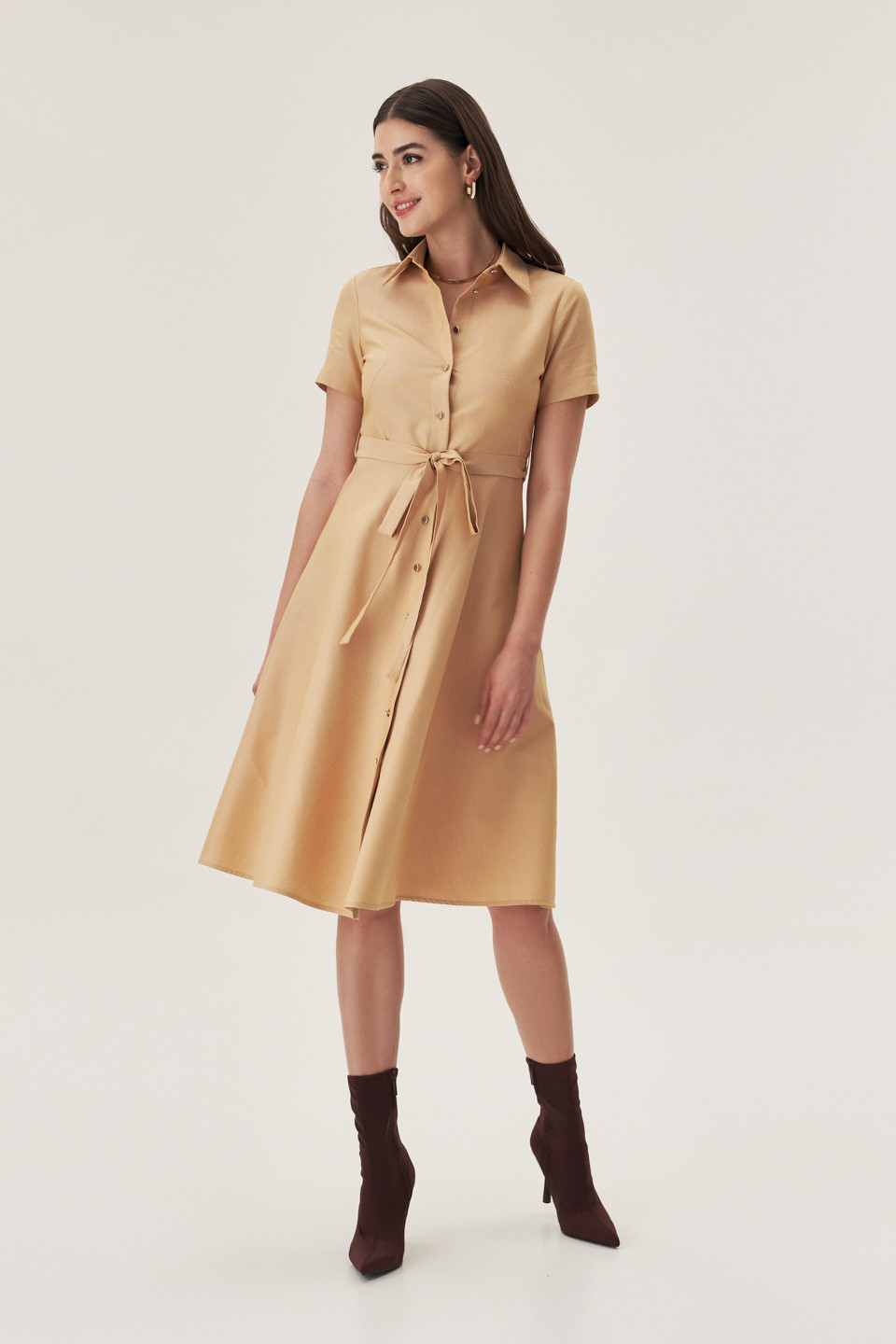 Rochie tip cămașă din poplin de bumbac caramel