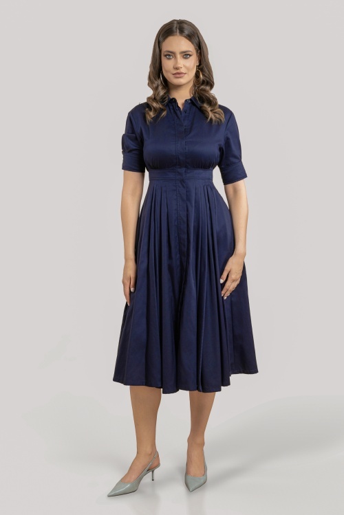 Rochie cămașă midi bleumarin din bumbac CARUSO