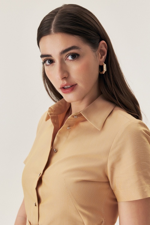 Rochie tip cămașă din poplin de bumbac caramel
