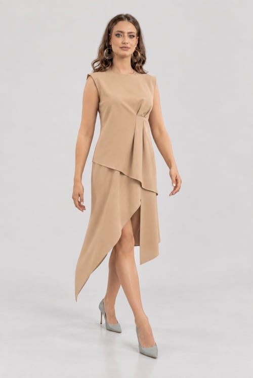 Rochie midi camel cu slit asimetric CAMEL