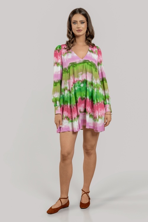 Rochie mini din vâscoză cu imprimeu verde-roz DAZE
