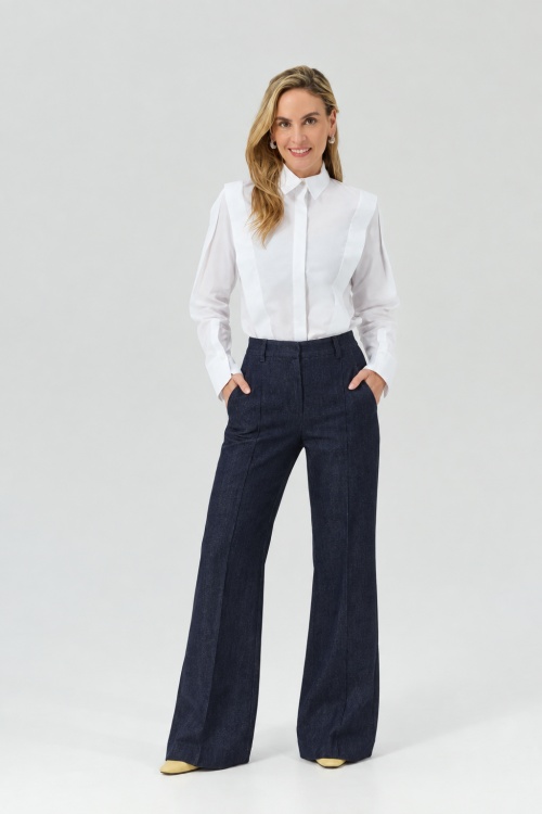 Pantaloni cu talie inalta din tesatura jeans TEMPO