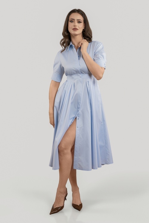 Rochie cămașă cu buzunare din bumbac subțire bleu CARUSO