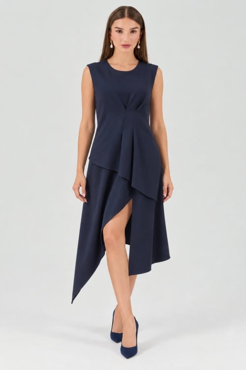 Rochie midi bleumarin cu slit asimetric DORNER