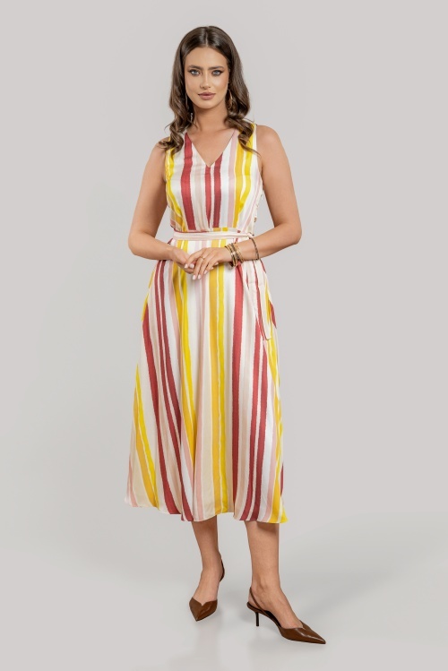 Rochie midi evazată cu dungi și cordon DIVA