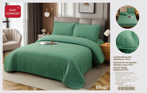 Cuvertura pat din Bumbac-In cu Husa cu elastic Cadou, 2 Persoane, 4Piese ESTN04