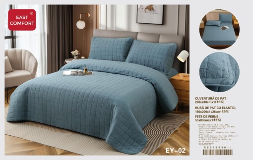 Cuvertura pat din Bumbac-In cu Husa cu elastic Cadou, 2 Persoane, 4Piese ESTN05