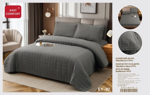 Cuvertura pat din Bumbac-In cu Husa cu elastic Cadou, 2 Persoane, 4Piese ESTN06