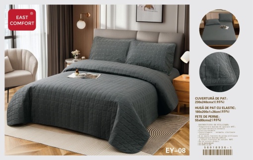 Cuvertura pat din Bumbac-In cu Husa cu elastic Cadou, 2 Persoane, 4Piese ESTN07